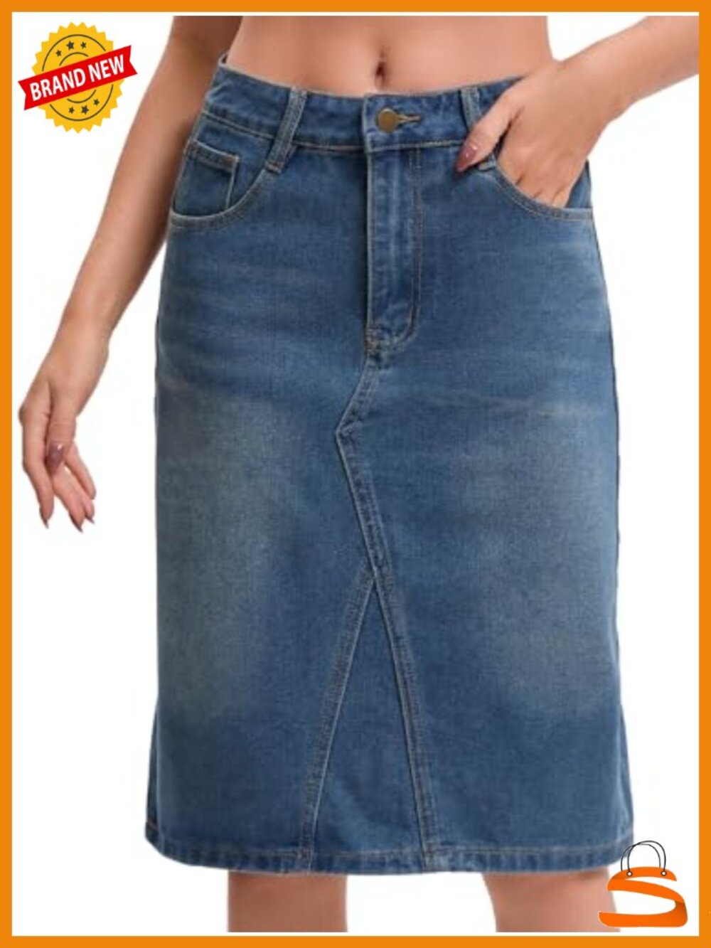 High Rise Denim Skirt Below the Knee A-Line Casual